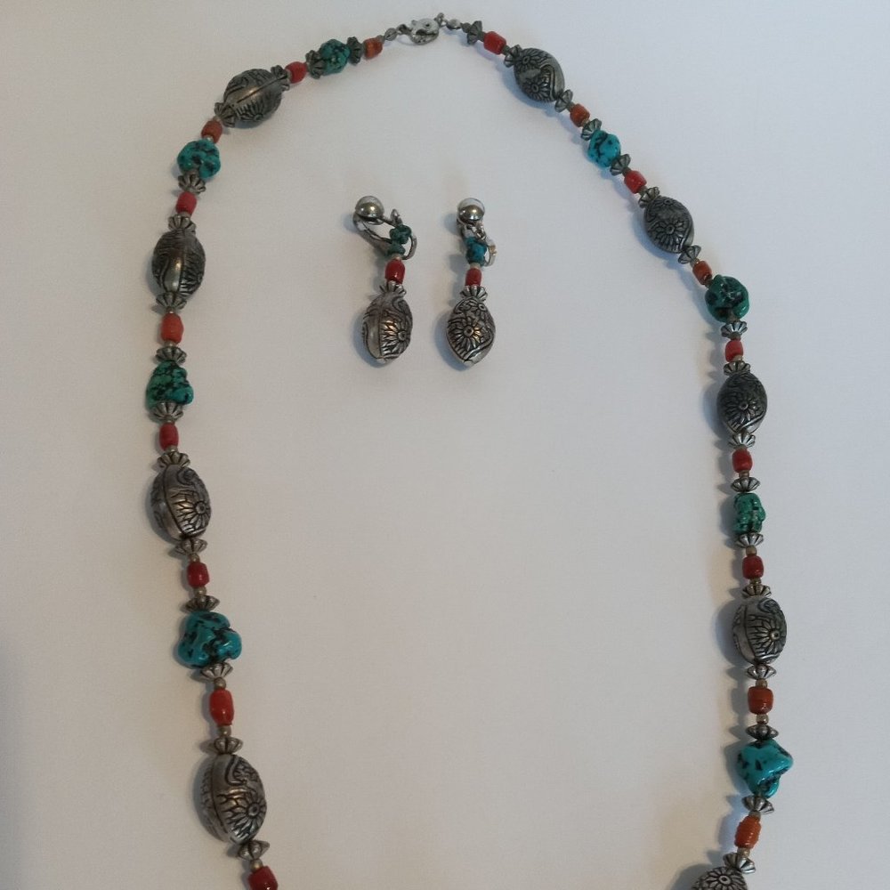 Vintage silver, turquoise & coral necklace with matching clip earrings